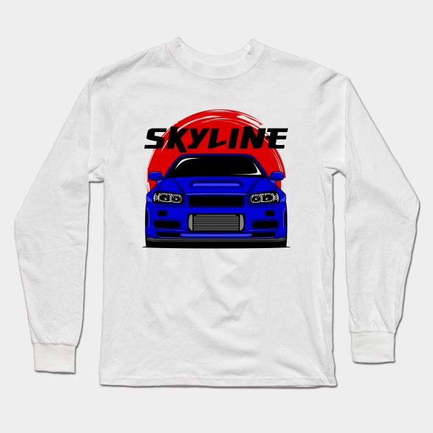 Blue Skyline R34 Long Sleeve T-Shirt by GoldenTuners